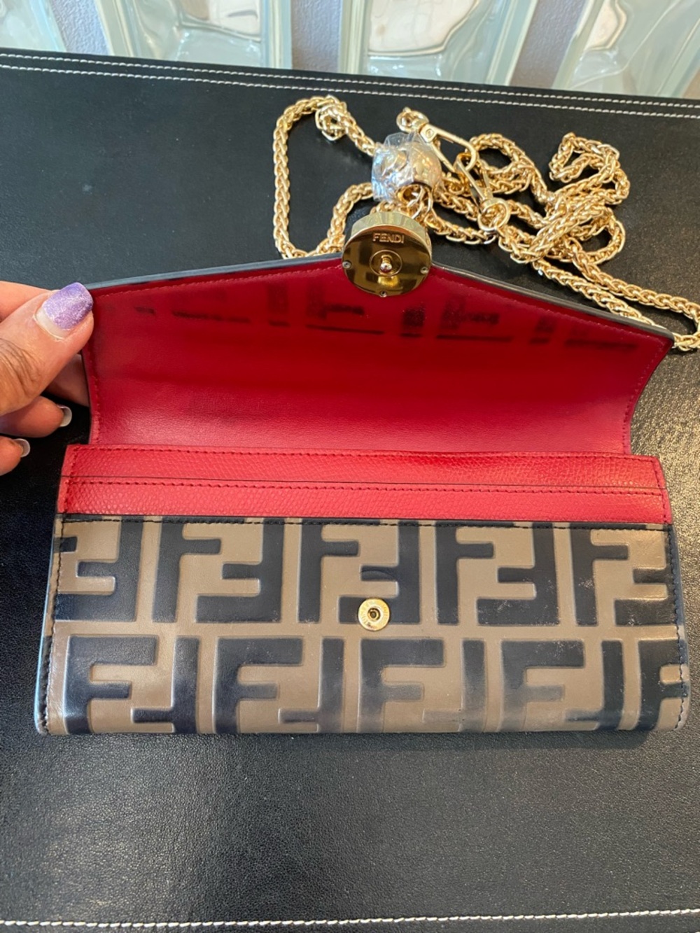 Fendi Red & Brown FF Logo Continental Envelope Zucca Monogram Wallet w/ Chain - Picture 3 of 14